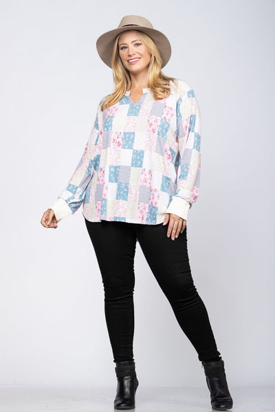 IVORY FLORAL PATCHWORK OVERSIZE PLUS SIZE TOP-TP1936