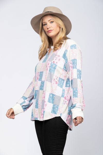 IVORY FLORAL PATCHWORK OVERSIZE PLUS SIZE TOP-TP1936