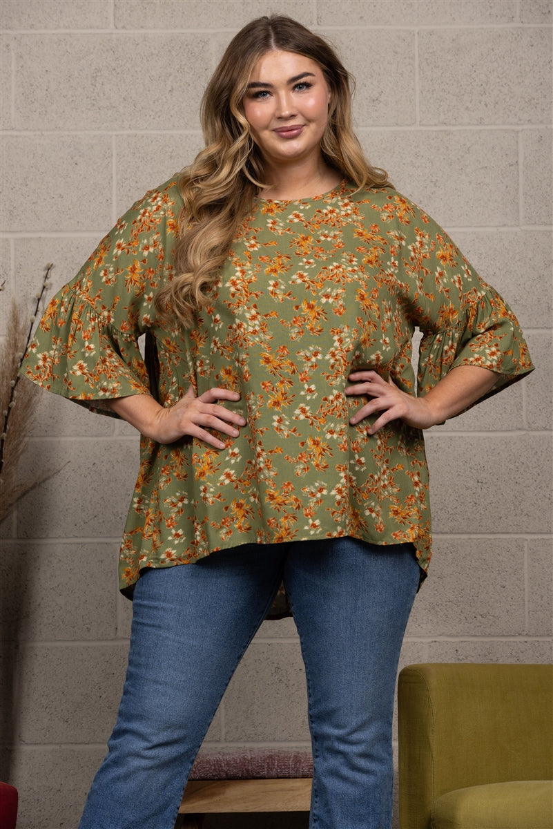 OLIVE W/ FLORAL PRINT HIGH-LOW TUNIC PLUS SIZE TOP T1971-4X