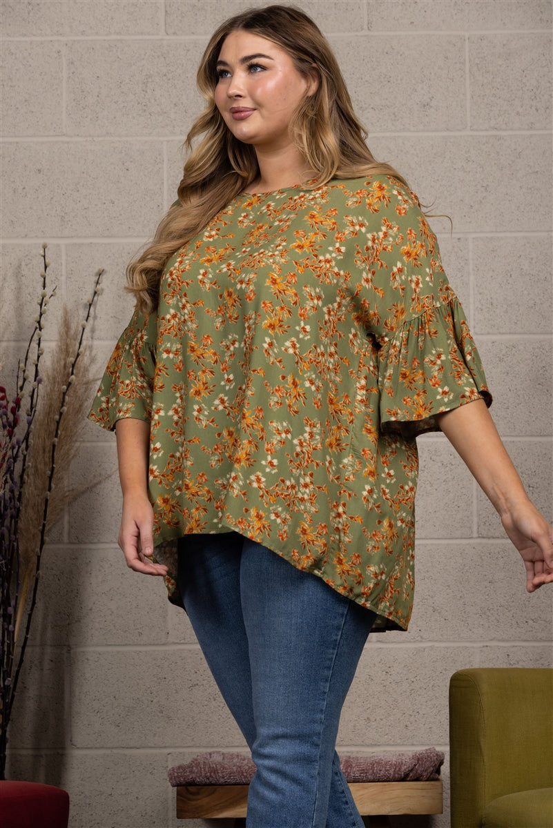 OLIVE W/ FLORAL PRINT HIGH-LOW TUNIC PLUS SIZE TOP T1971-4X
