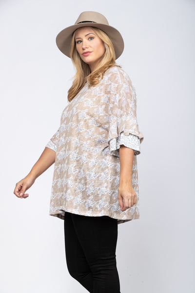 TAUPE WHITE HOUNDSTOOTH PRINT OVERSIZE PLUS SIZE TOP