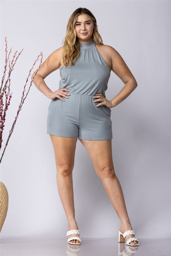 GREY HALTER NECK SIDE POCKETS PLUS SIZE ROMPER-SP1013SX