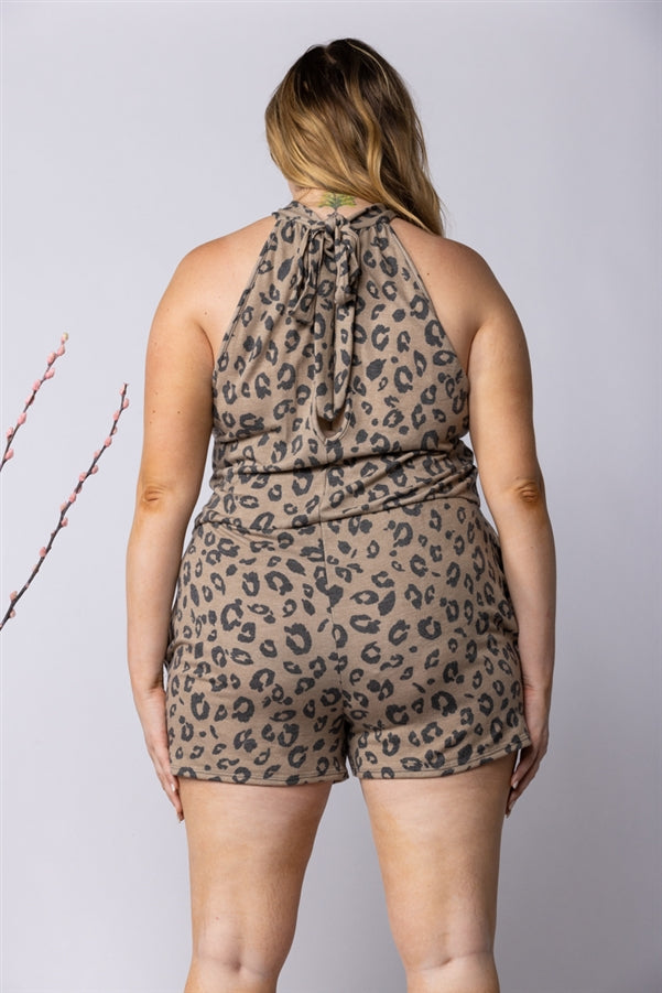 MOCHA HALTER NECK SIDE POCKETS PLUS SIZE ROMPER-SP1013SX