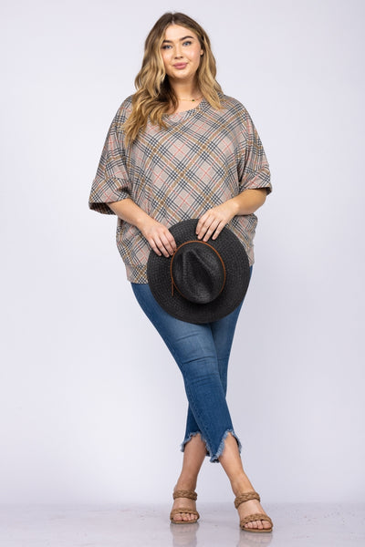 GREY MADRAS PRINT OVERSIZED CUFFED SLEEVES PLUS SIZE KNIT TOP
