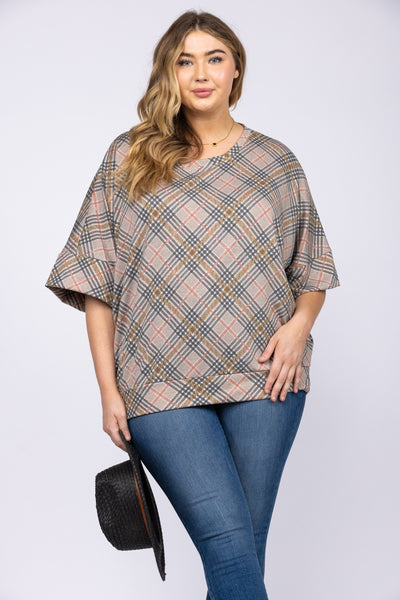 GREY MADRAS PRINT OVERSIZED CUFFED SLEEVES PLUS SIZE KNIT TOP-TP1979P