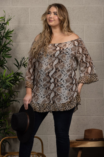 BROWN SNAKE SKIN OFF SHOULDER  PLUS SIZE WOVEN TOP-T4064P