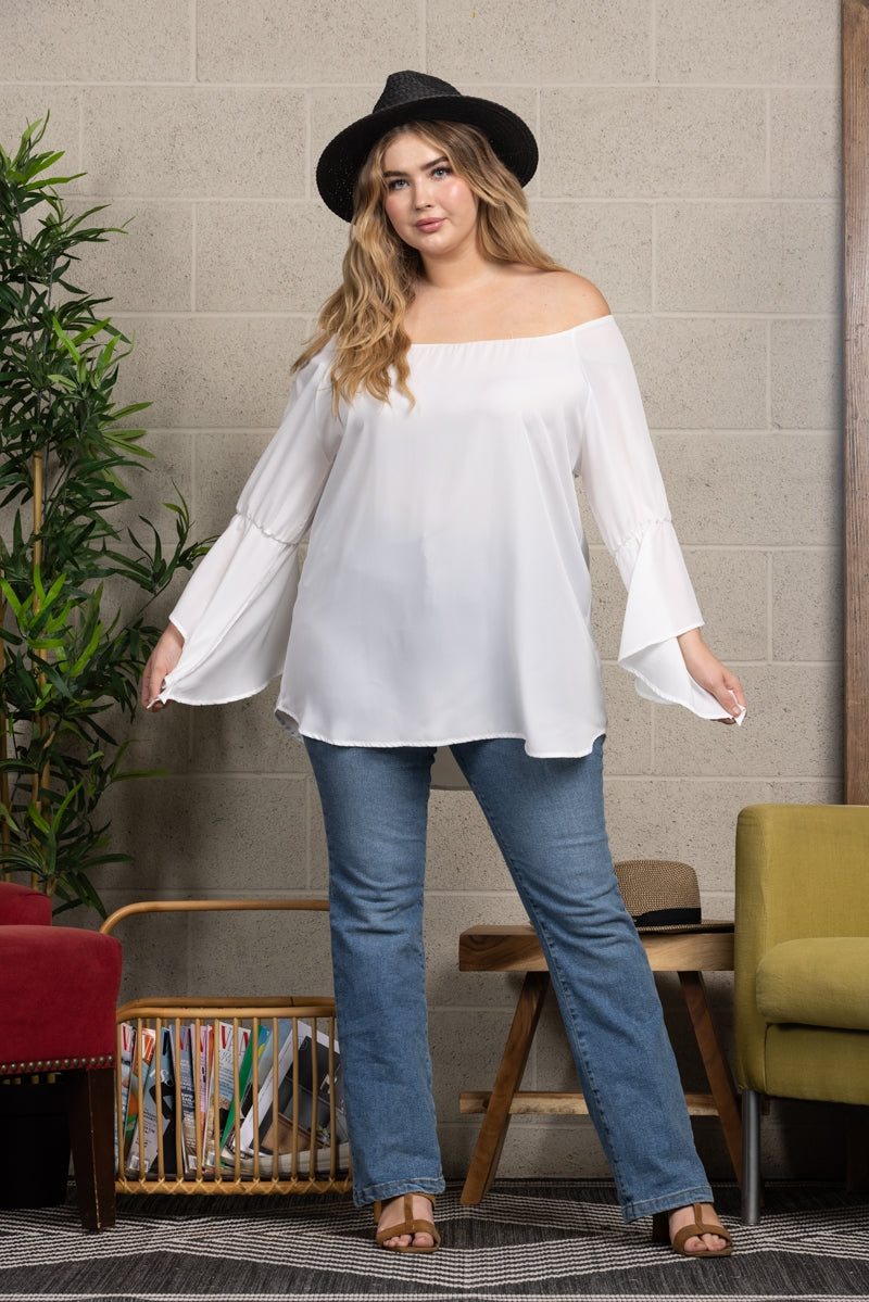 PEARL WHITE OFF SHOULDER WOVEN PLUS SIZE TOP