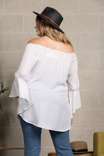 PEARL WHITE OFF SHOULDER WOVEN PLUS SIZE TOP