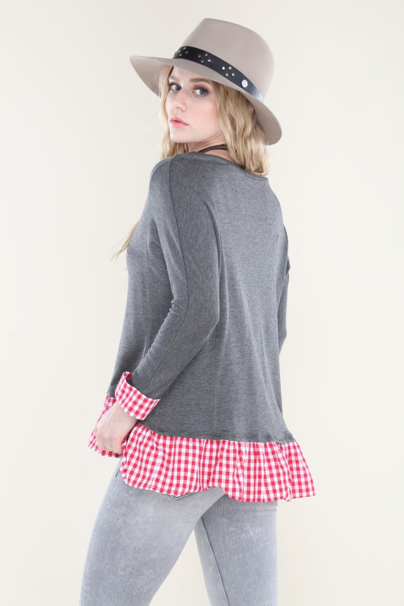 CHARCOAL RED GINGHAM TUNIC TOP-B81830