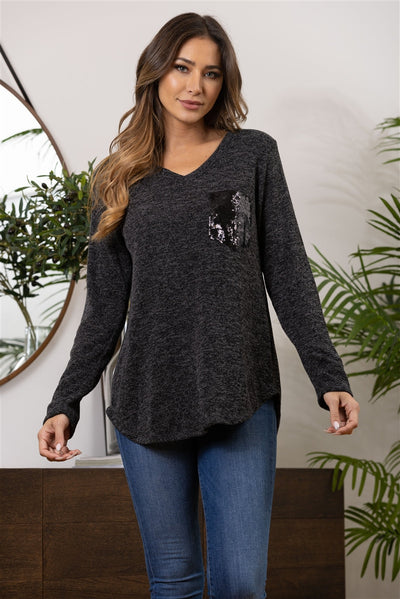CHARCOAL WITH SEQUINS PATCH POCKET KNIT TOP ST1442-25