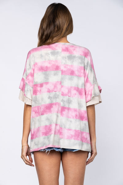 PINK AND GREY STRIPES TIERED KNIT SLEEVES OVERSIZED TOP-T1924