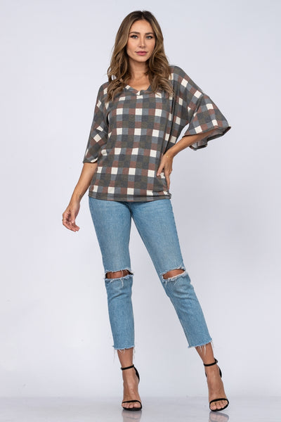 CHARCOAL IVORY PLAID PRINT OVERSIZE FIT KNIT TOP
