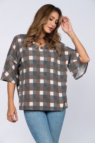 CHARCOAL IVORY PLAID PRINT OVERSIZE FIT KNIT TOP-T1972