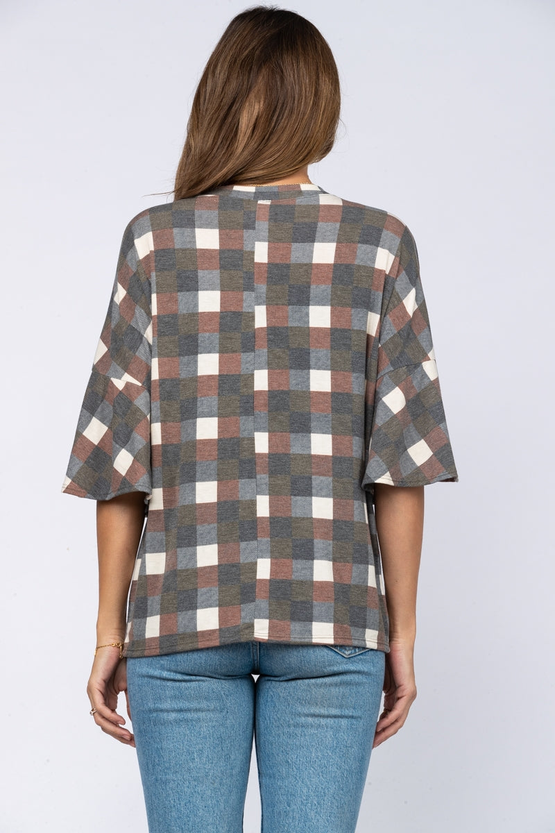 CHARCOAL IVORY PLAID PRINT OVERSIZE FIT KNIT TOP-T1972