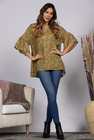 OLIVE W/ FLORAL PRINT HIGH-LOW TUNIC TOP-T1971