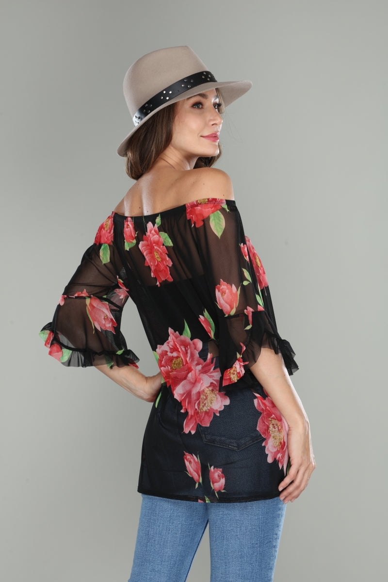 BLACK TULLE RED ROSES PRINT TOP-B1759