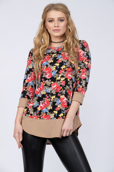BLACK FLORAL PRINT TAUPE CONTRAST TUNIC TOP-B3890