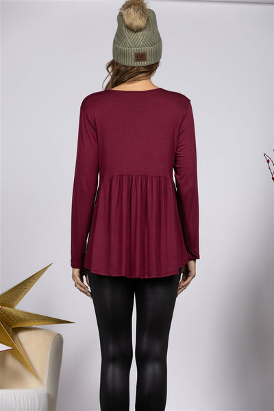 BURGUNDY WITH SEQUINS PATCH POCKET KNIT TOP ST2134S (1S-1M-1L)