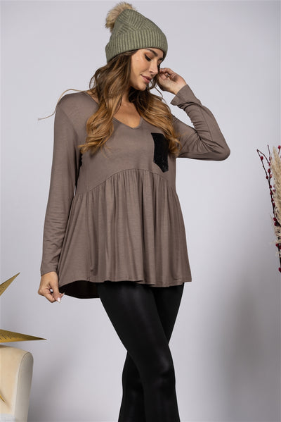 MOCHA WITH SEQUINS PATCH POCKET KNIT TOP ST2134S