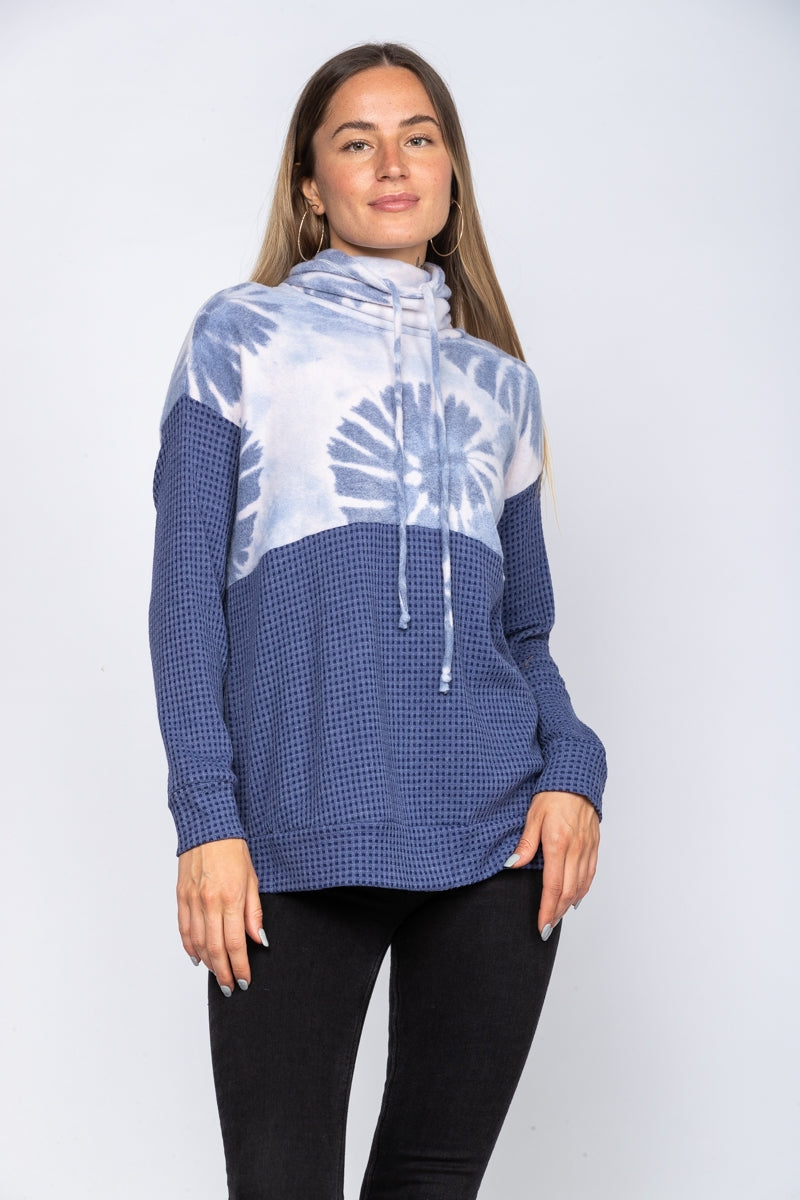 BLUE COWL NECK WAFFLE KNIT TOP