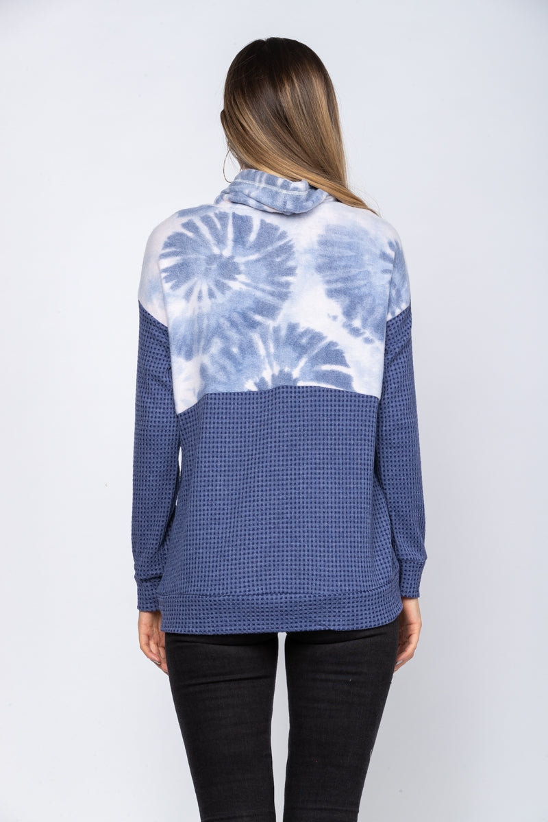 BLUE COWL NECK WAFFLE KNIT TOP