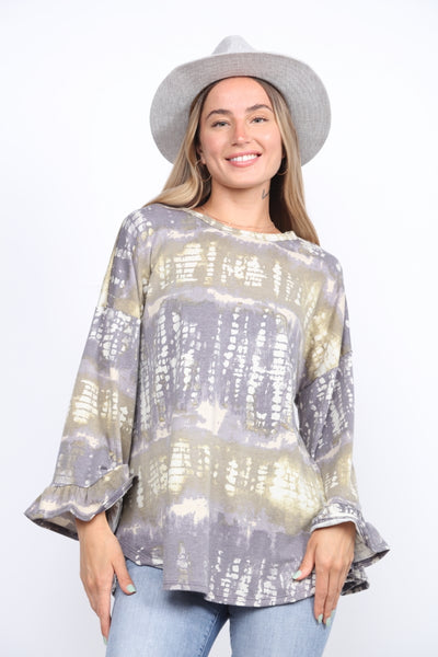 SLATE GREY OLIVE OMBRE BRUSH PRINT TUNIC TOP