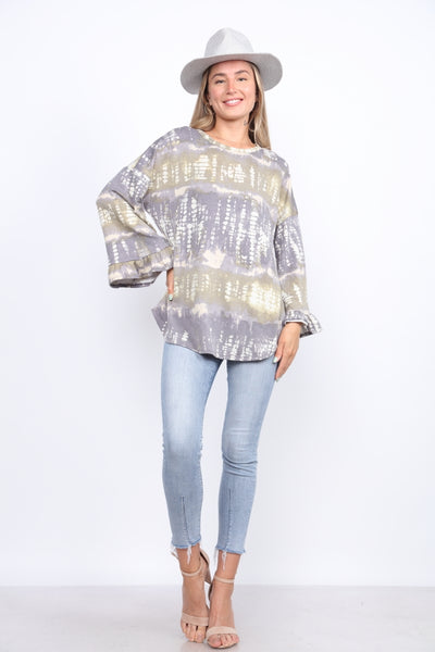 SLATE GREY OLIVE OMBRE BRUSH PRINT TUNIC TOP
