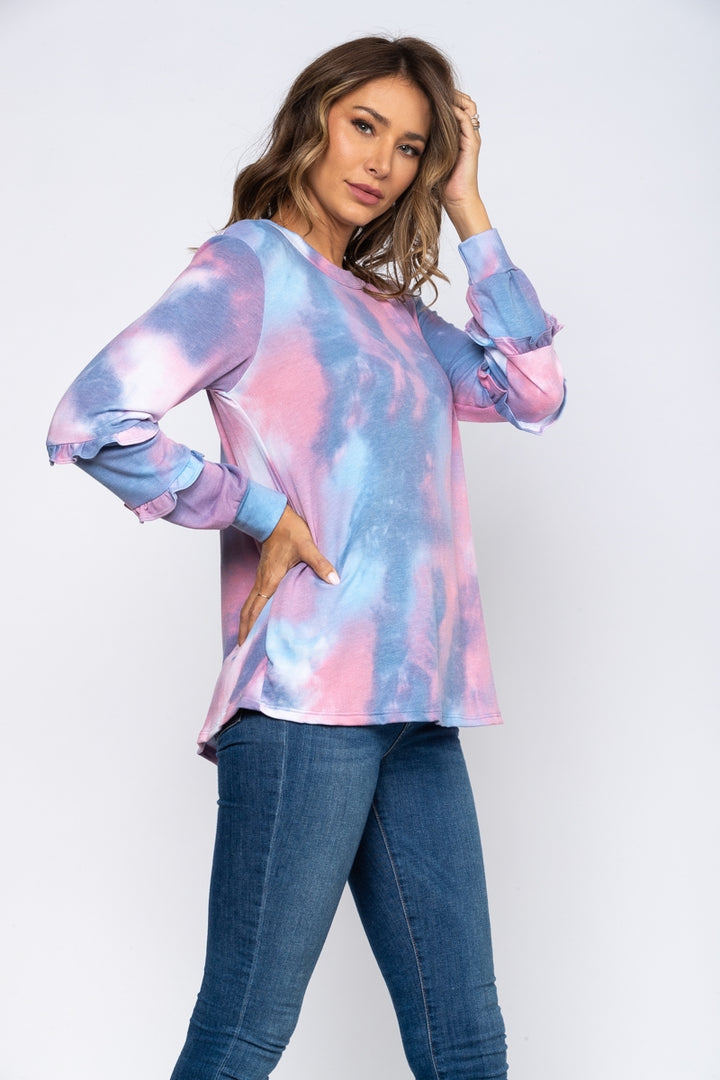 PINK MARBLE RUFFLE CUFF LONG SLEEVE KNIT TOP ET5061