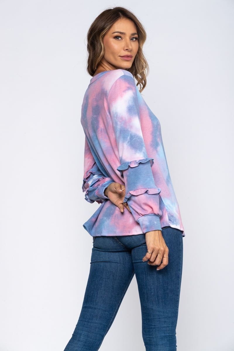 PINK MARBLE RUFFLE CUFF LONG SLEEVE KNIT TOP ET5061