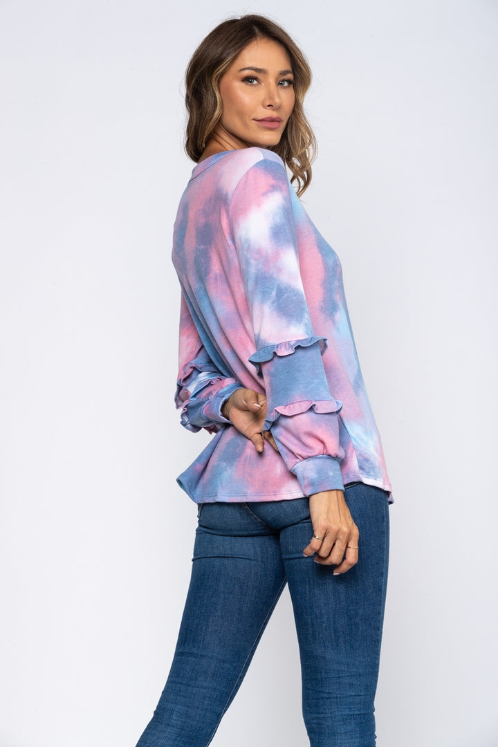 PINK MARBLE RUFFLE CUFF LONG SLEEVE KNIT TOP ET5061