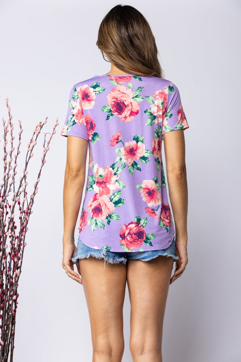 LILAC FLORAL PRINT CRISS CROSS SHORT SLEEVES TOP-ST1577
