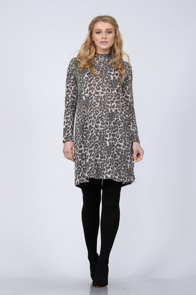 IVORY BROWN LEOPARD PRINT MOCK NECK LONG TUNIC TOP