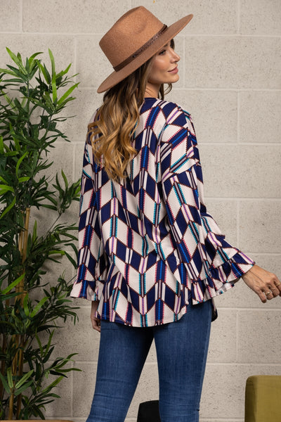 NAVY GEOMETRIC PRINT RELAXED FIT FLOUNCE SLEEVES KNIT TOP-T1869