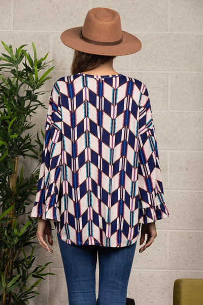 NAVY GEOMETRIC PRINT RELAXED FIT FLOUNCE SLEEVES KNIT TOP-T1869