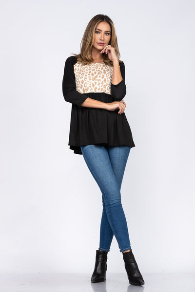 NOIR BLACK LIGHT TAUPE ANIMAL PRINT BABY-DOLL STYLE KNIT TOP