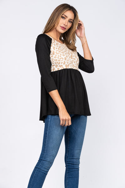 NOIR BLACK LIGHT TAUPE ANIMAL PRINT BABY-DOLL STYLE KNIT TOP