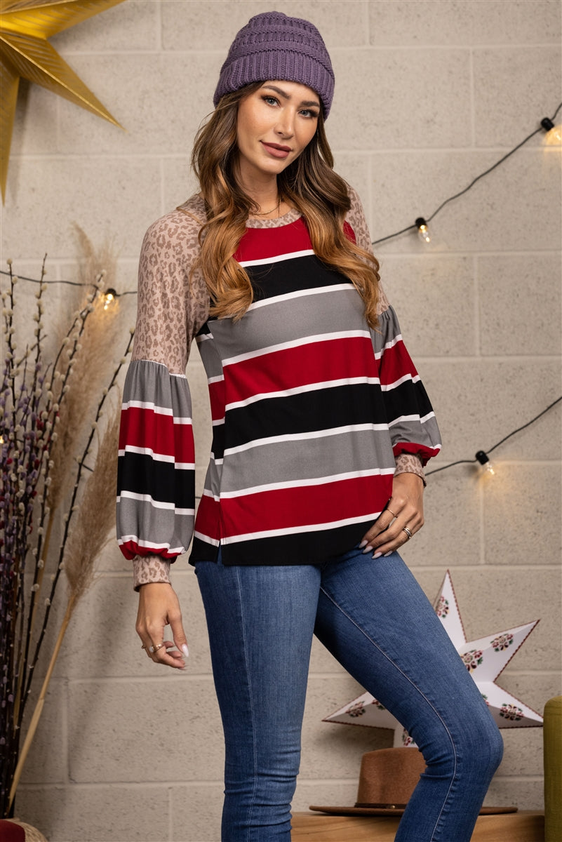MULTI COLOR STRIPE WITH ANIMAL PRINT CONTRAST TOP-B5582