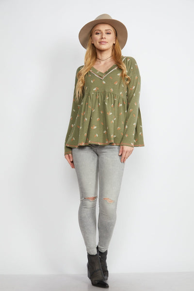 OLIVE FALL LEAVE PRINT DOLL STYLE TOP