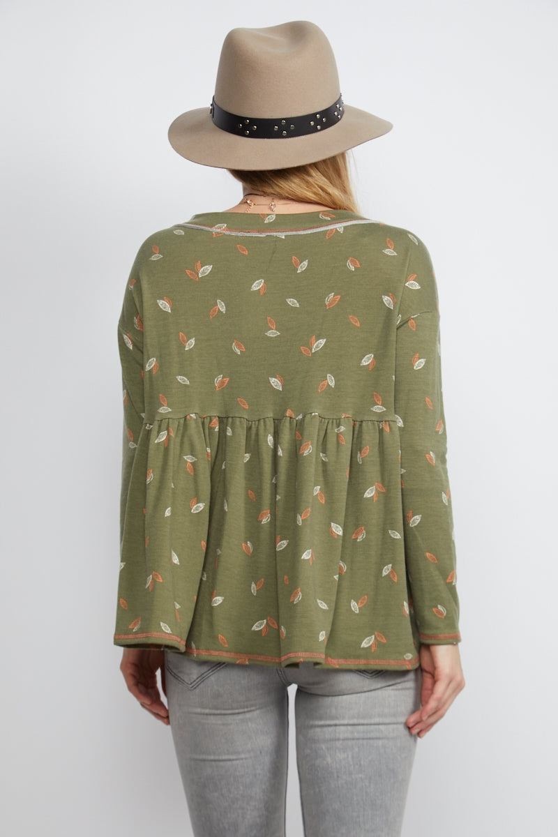 OLIVE FALL LEAVE PRINT DOLL STYLE TOP