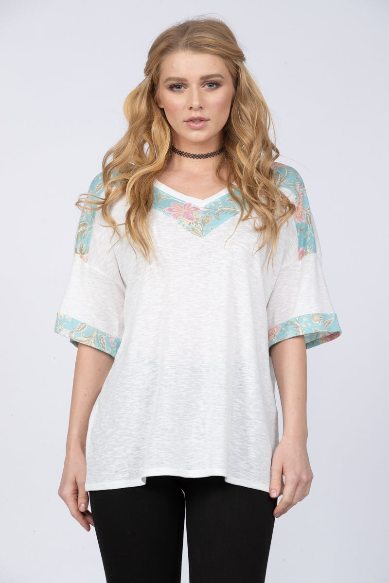 OFF WHITE MINT FLORAL PRINT CONTRAST TOP