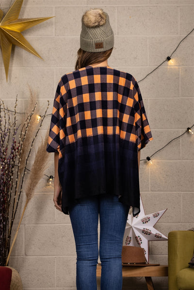 APRICOT NAVY PLAID PRINT BLACK OMBRE CONTRAST COVER-UP PONCHO-B5604