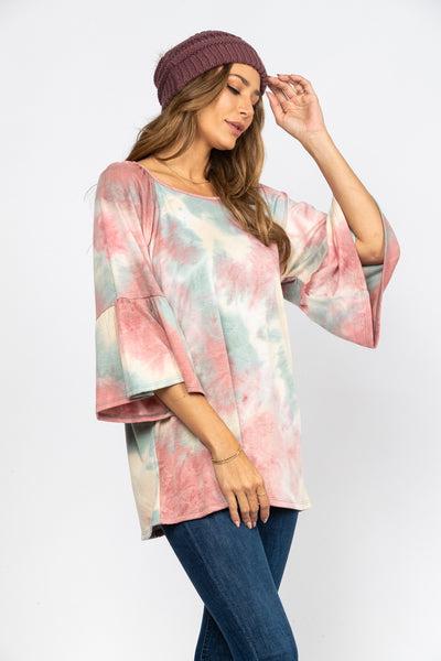 DUSTY PINK AND BLUE TIE DYE OVERSIZE TUNIC TOP-T1886