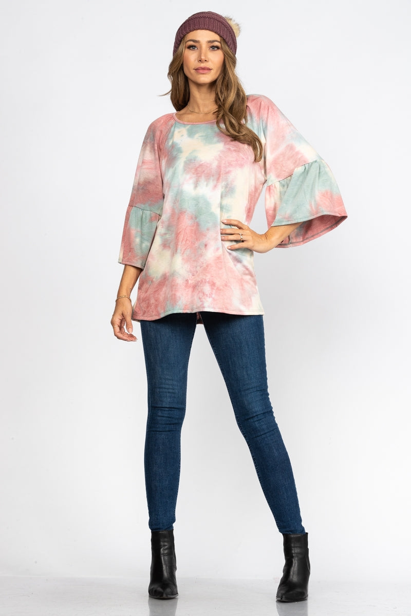 DUSTY PINK AND BLUE TIE DYE OVERSIZE TUNIC TOP-T1886
