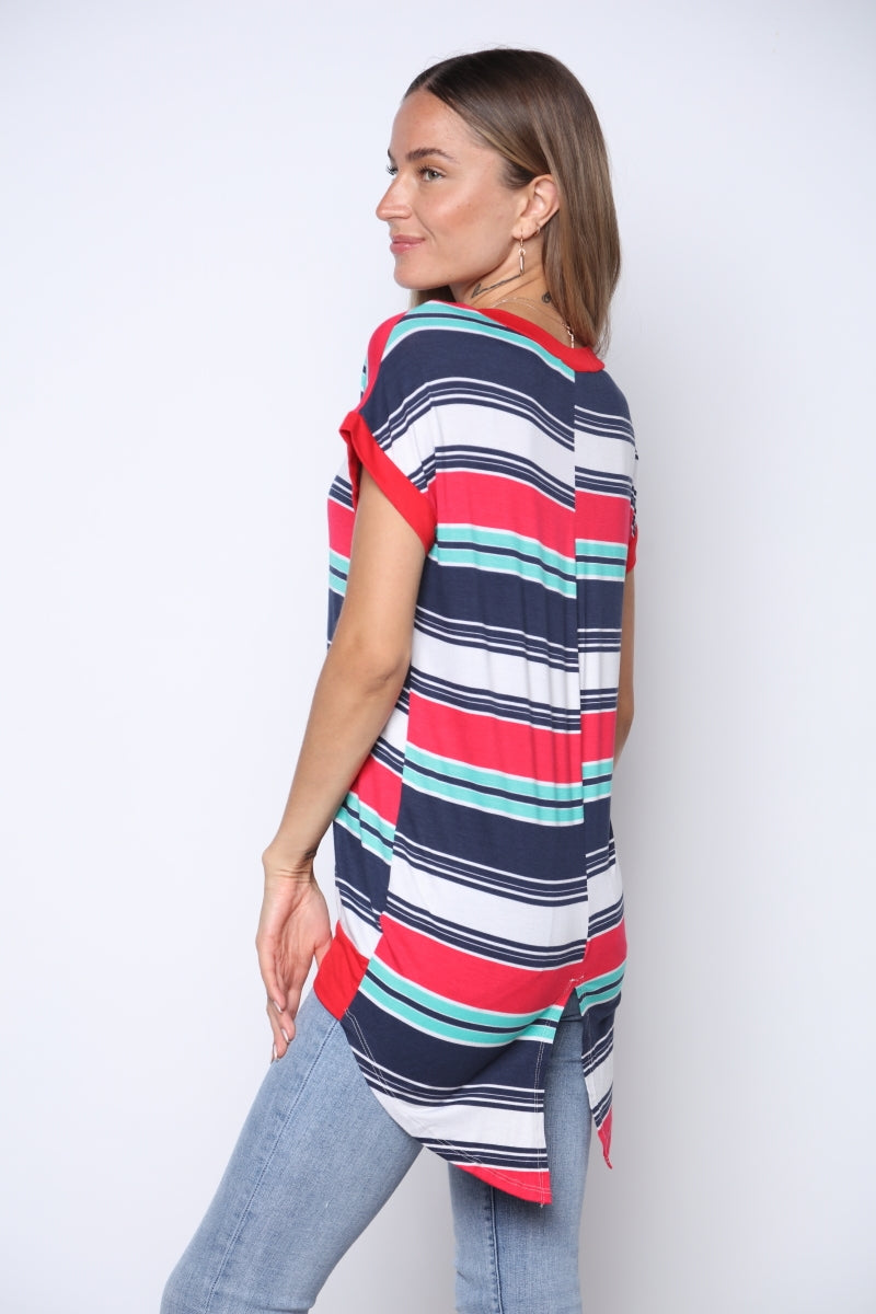 RED/NAVY/MINT DOLCE OASIS STRIPES PRINT TUNIC TOP