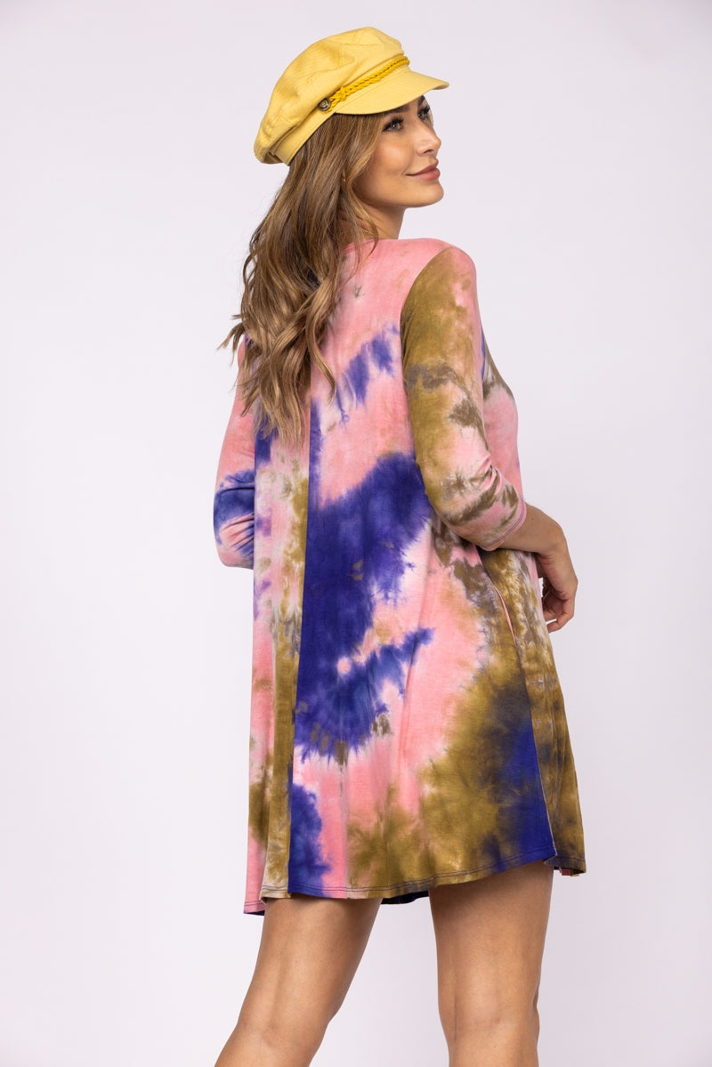 PINK AND PURPLE TIE DYE 3/4 SLEEVES TUNIC TOP