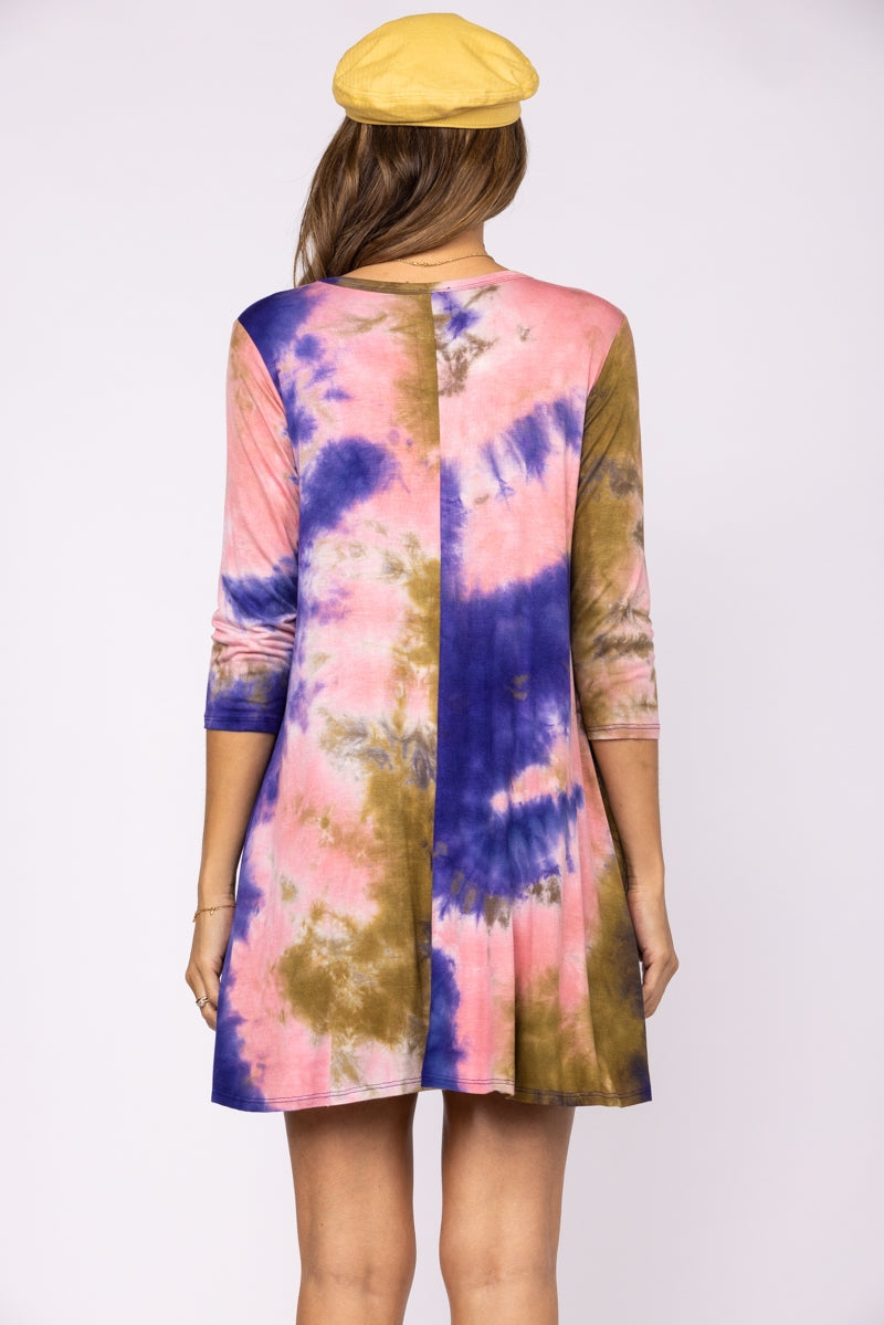 PINK AND PURPLE TIE DYE 3/4 SLEEVES TUNIC TOP