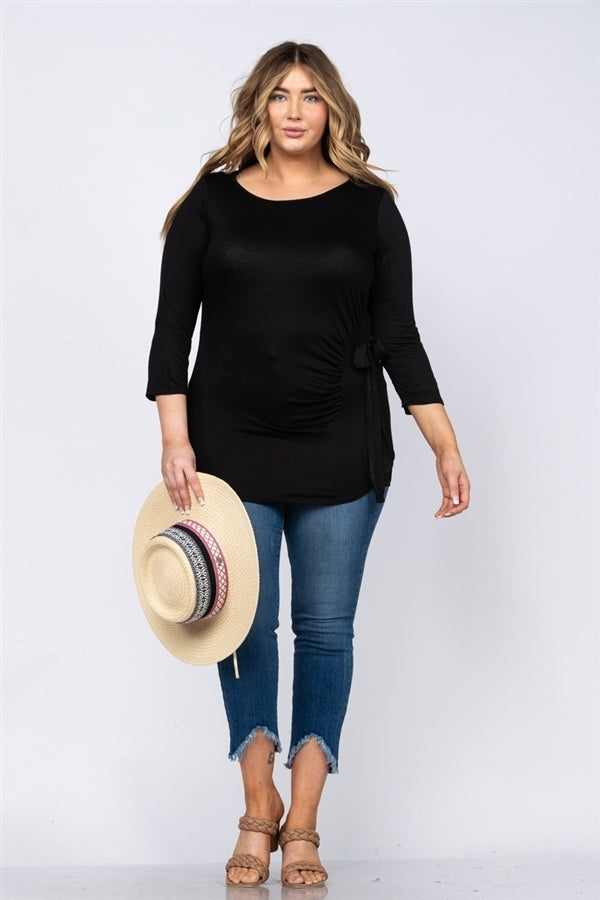 BLACK SHIRRED SIDE KNOT DETAIL KNIT PLUS SIZE TOP