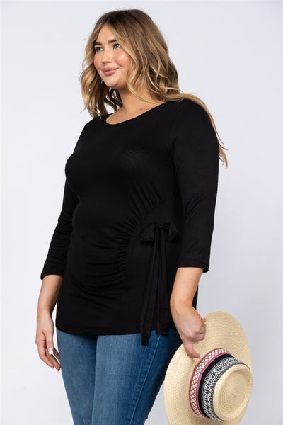 BLACK SHIRRED SIDE KNOT DETAIL KNIT PLUS SIZE TOP
