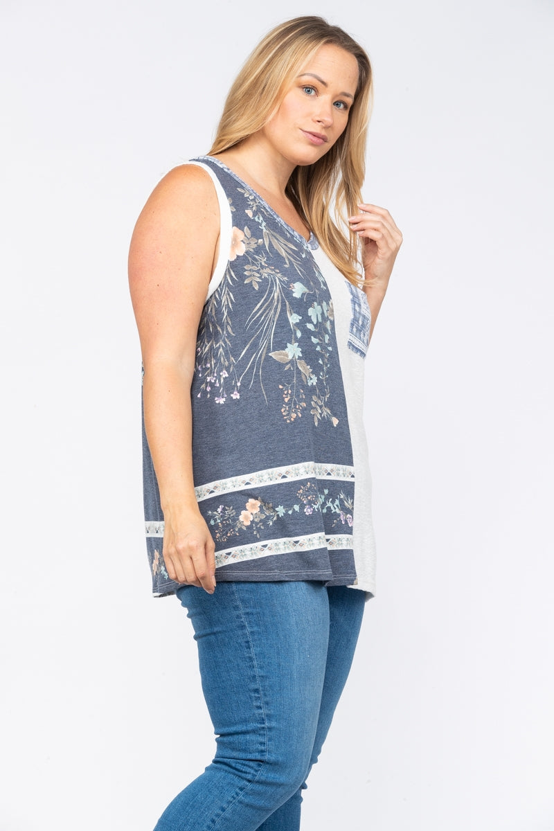 OFF WHITE NAVY FLORAL PRINT THERMAL KNIT PLUS SIZE TOP PTT3809PA