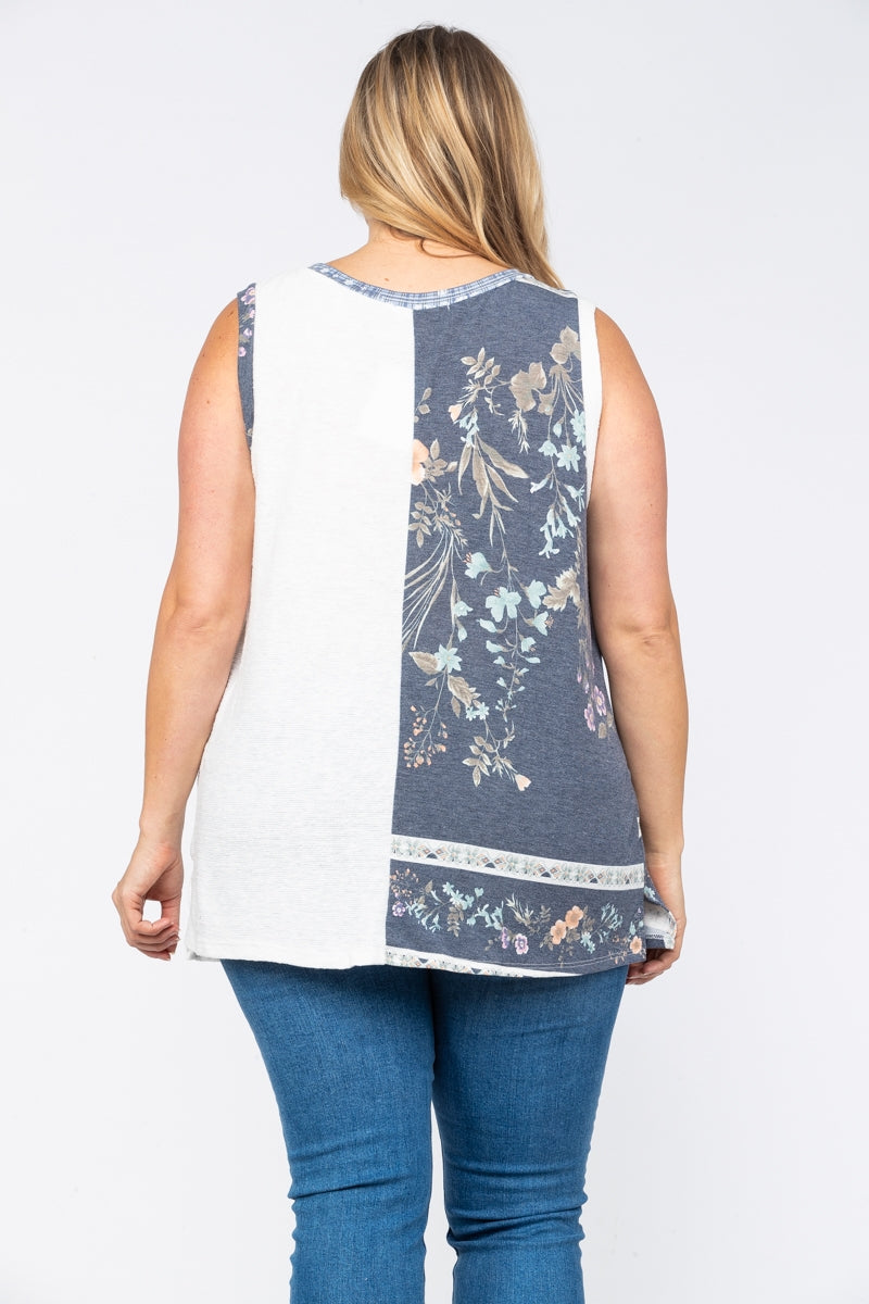 OFF WHITE NAVY FLORAL PRINT THERMAL KNIT PLUS SIZE TOP PTT3809PA
